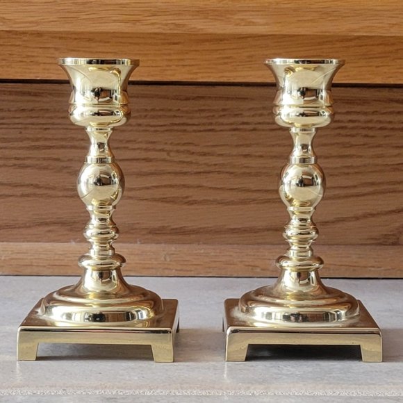 Pair of Vintage Georgian Polished Brass 5" Candle holders with Square Base New - Picture 7 of 12